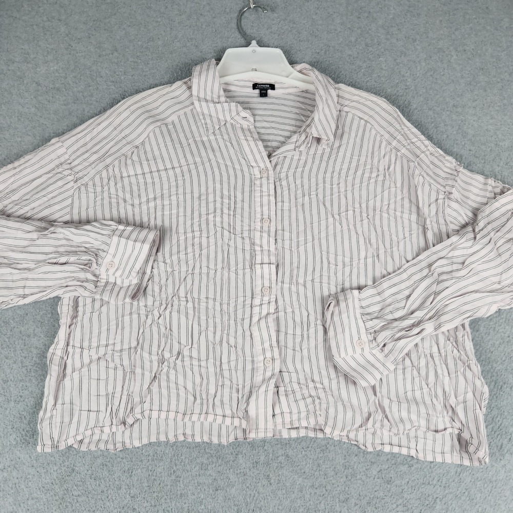 Express Shirt Womens L Pink Boyfriend Portofino Pinstripe Relaxed Button Front